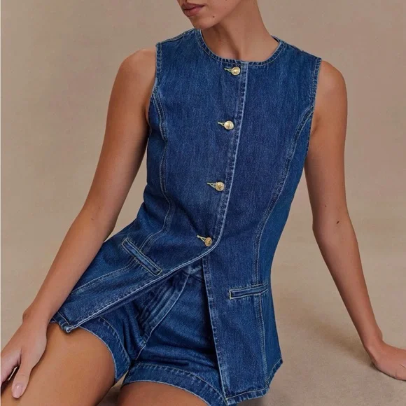 Meshki Abel Denim Dark Blue Button Up Sleeveless Top Sz. M - Picture 6 of 8